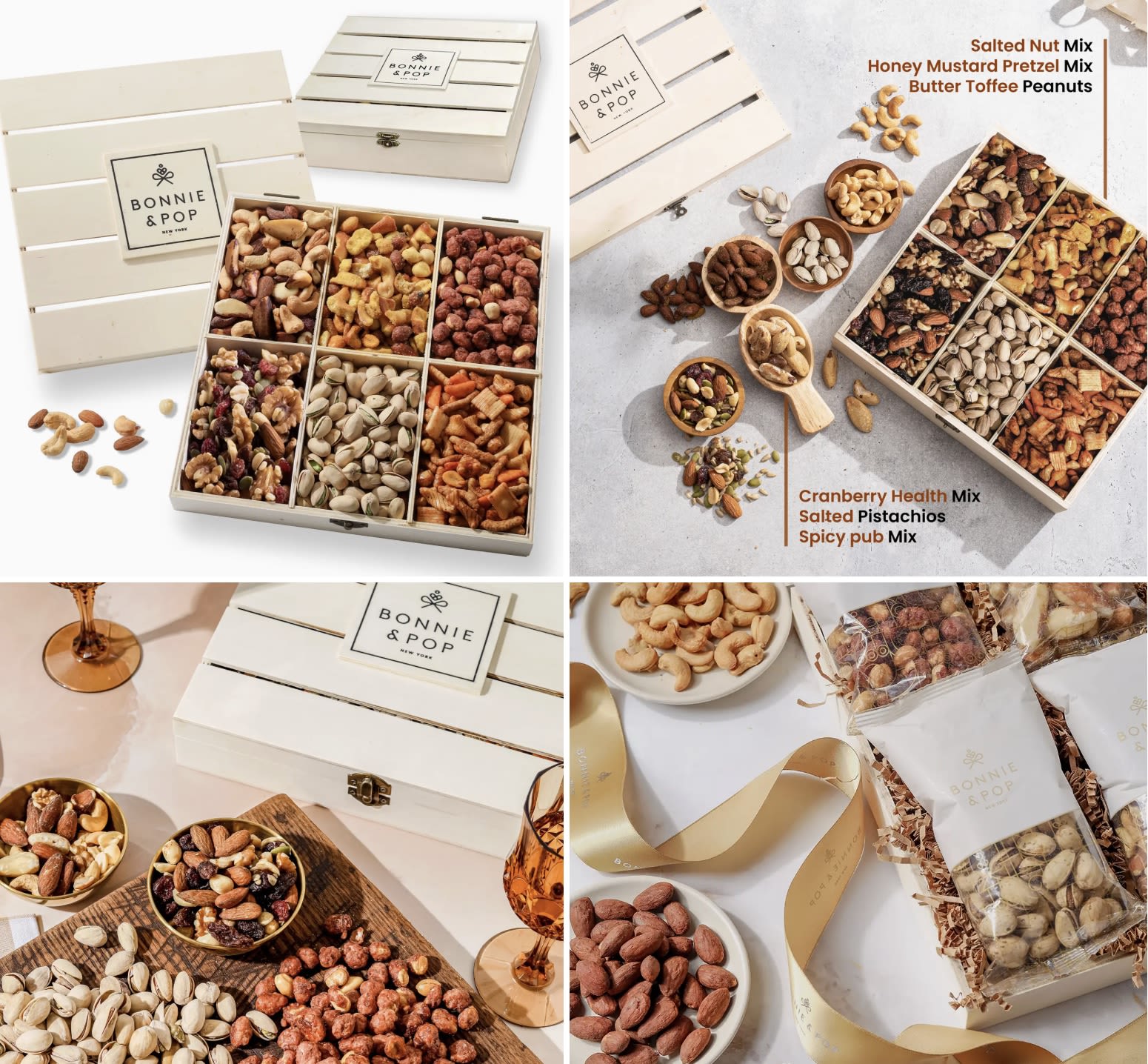 The Savory Snacker's Stash - This gourmet nut gift basket features six sections of sweet and savory roasted nuts — thoughtfully packed in a rustic wooden crate that’s as reusable as it is charming.