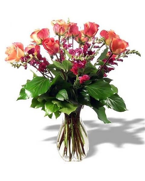 Roses &amp; Snapdraggons - This graceful arrangement made of roses, snapdragons and lemon leaves stands tall and full. Its poetic presence fits fantastically in any living room or entryway. The roses are arranged in a sexy, clear glass vase. 
