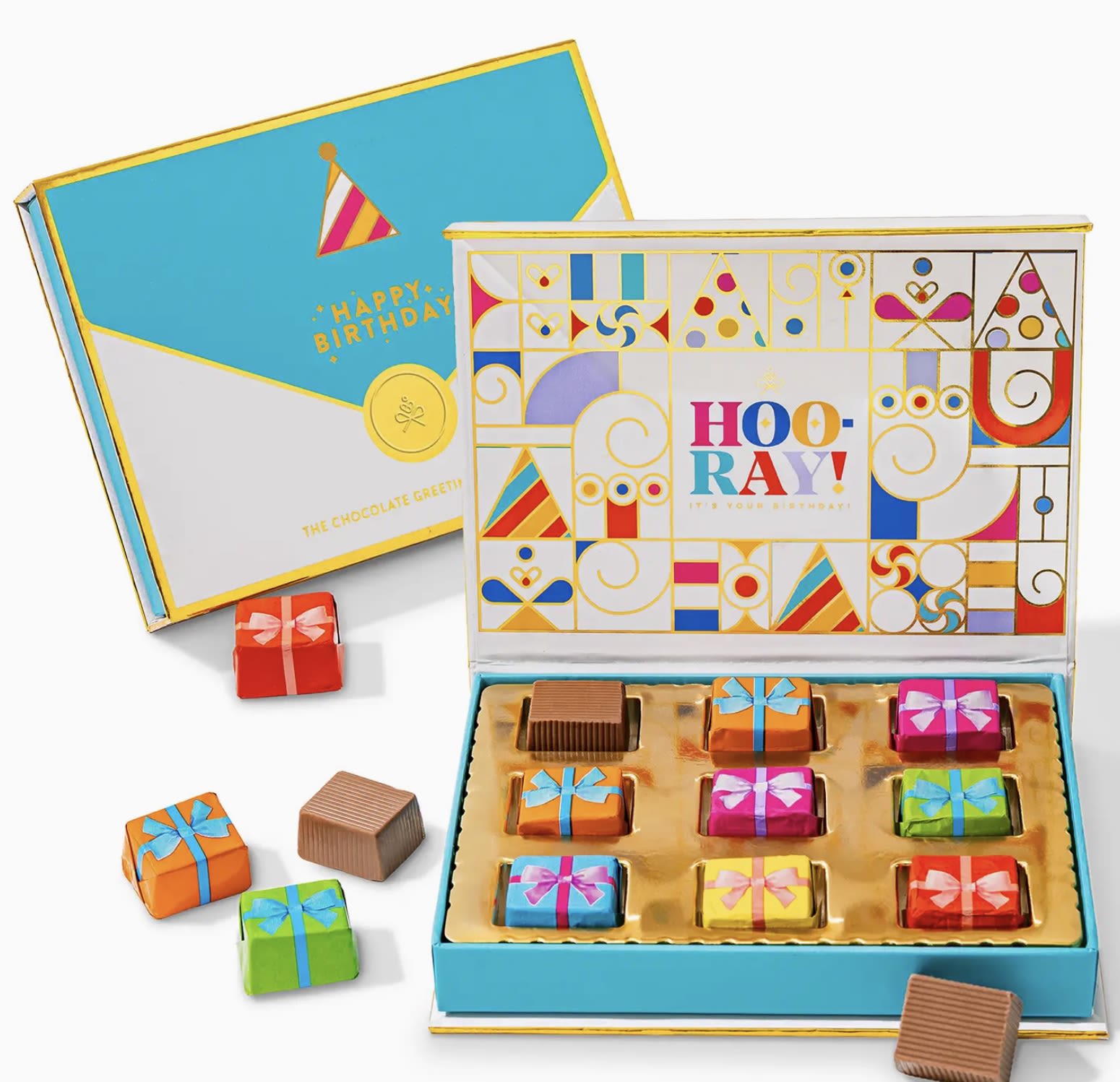 A Birthday Letter Chocolate Box 10ct - This enchanting keepsake opens to reveal delicious chocolates molded into mini present boxes, perfect for making birthdays feel extra special.