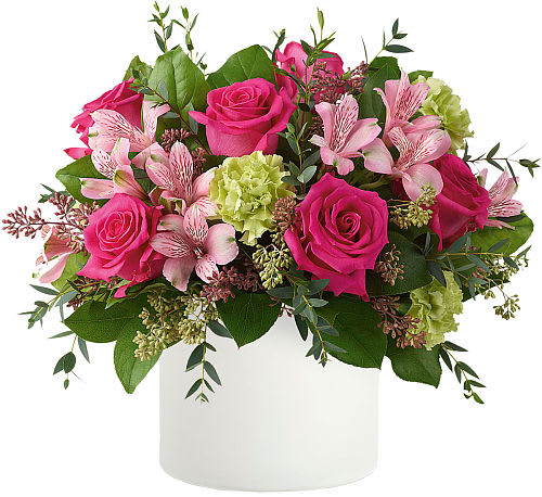 Mother's Garden - Mother's Garden" captures the essence of a tranquil oasis blooming with love. Nestled within a sleek white cylinder vase, vibrant hot pink roses, delicate pink alstroemeria, and verdant green carnations intertwine with lush greens. This arrangement is a testament to the nurturing spirit of mothers, exuding elegance and tenderness. A harmonious blend of colours and textures, "Mother's Garden" is a heartfelt tribute, perfect for honouring the remarkable mothers in our lives.