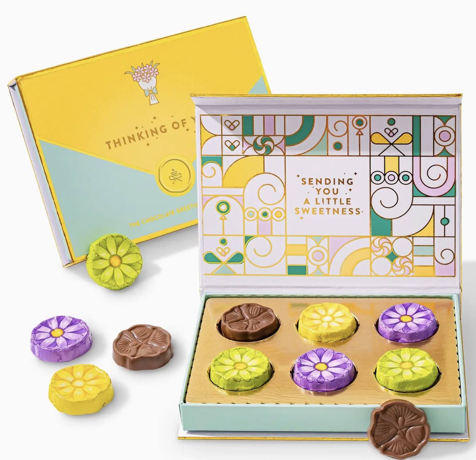 Thinking of You Chocolate Gift box - This thoughtful gift box features 6 flower-shaped chocolates in a premium envelope-style design with “Thinking of You” on the front and “Sending You a Little Sweetness” inside, making it a warm and memorable way to show you care.