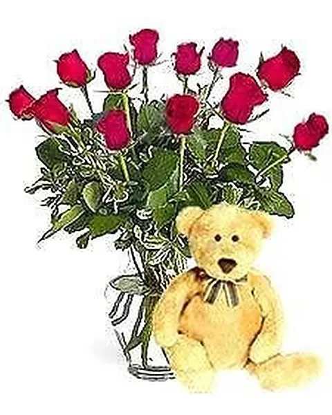 Roses And A Teddy - Impress your that special person with this impressive gift of long stem red roses and a plush teddy bear to cuddle with! Standard 12 Roses Deluxe 18 Roses Premium 24 Roses 