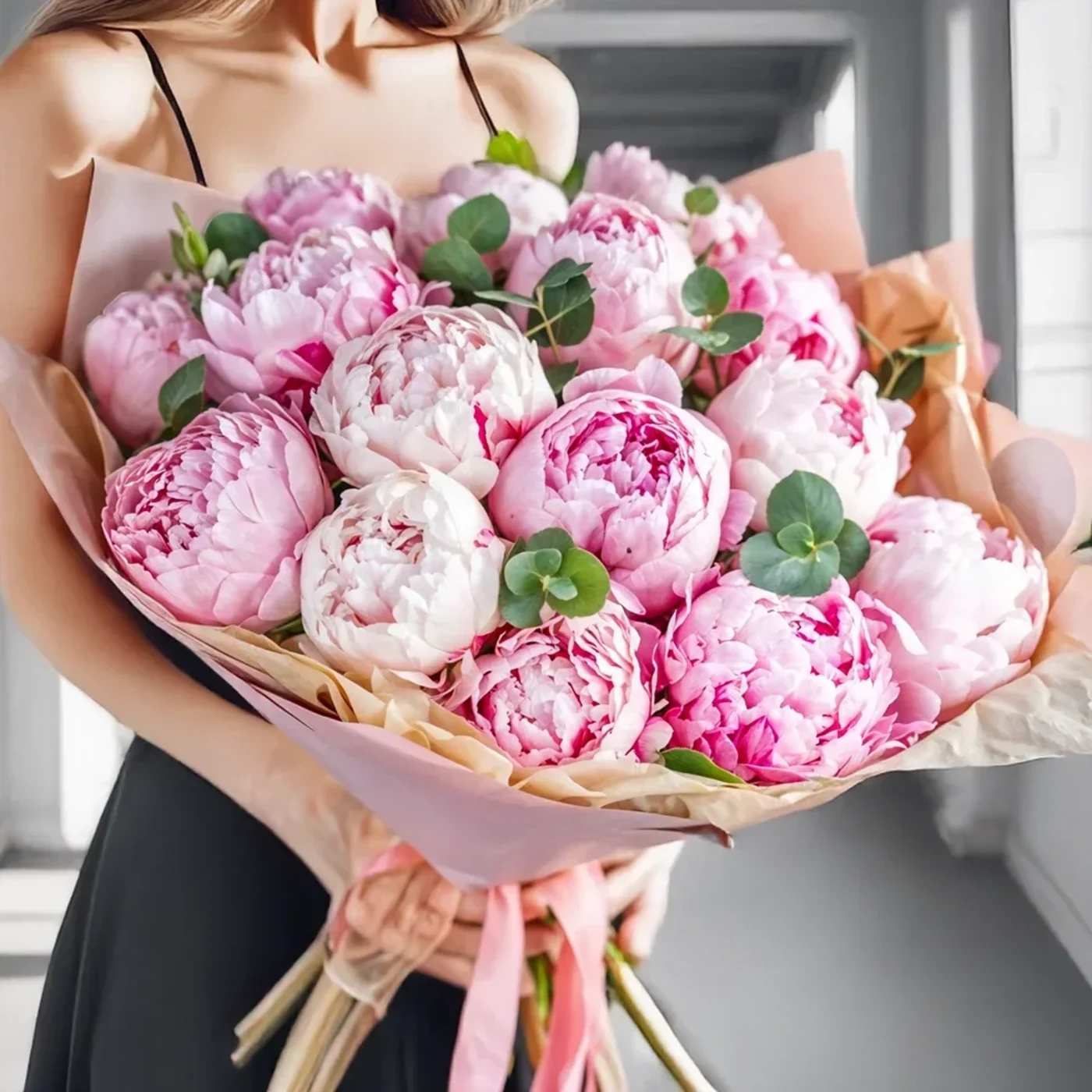 Sweet and stylis peonies Bouquet  - A beautiful bouquet of soft pink peonies paired with fresh eucalyptus. Sweet and stylish, it’s the perfect mix of elegance and charm. Perfect for any occasion—or no occasion at all—it’s a little bit playful, a little bit posh, and guaranteed to bring a smile to anyone’s face.18 stems of pink peonies with fillers wrapping bouquet