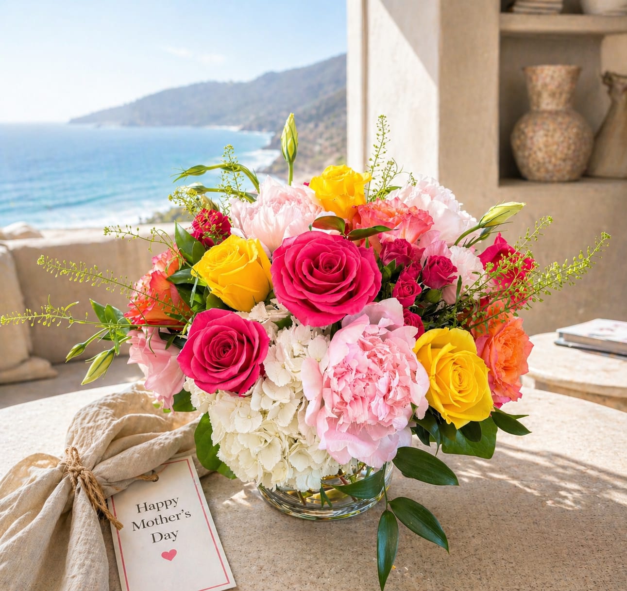 Malaga Sunset - Malaga Sunset is a vibrant garden-style arrangement inspired by golden coastal evenings in Palos Verdes. Designed with lush peonies, hot pink roses, orange roses, sunny yellow roses, hot pink spray roses, soft white hydrangea, delicate pink lisianthus, and textured lepidium, this piece feels joyful, abundant, and effortlessly elegant. Arranged in a clear glass vase, it brings warmth, color, and a celebratory touch to any Mother’s Day table—an unforgettable way to celebrate the people who make home feel like home.