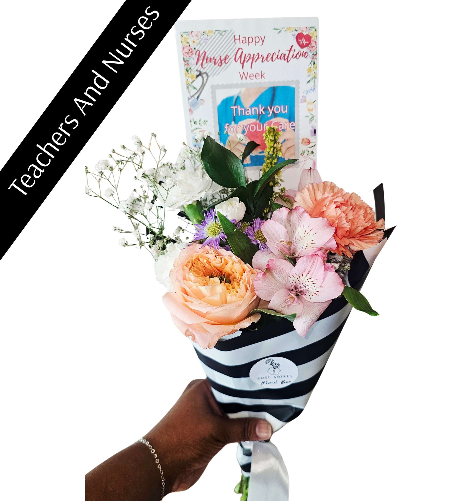  Appreciation mini bouquet - The Appreciation Mini is a designer’s choice bouquet created to celebrate everyday moments of gratitude — from a quick thank you to a meaningful gesture that doesn’t need a big occasion.  Designed using fresh, seasonal blooms, each arrangement is styled in a modern, compact format that feels elevated yet effortless. No two are exactly alike, making every bouquet a unique expression of appreciation.  This piece is one of our most versatile gifts, perfect for both personal and professional occasions. We also rotate color palettes seasonally, making it a go-to choice for moments like Teacher Appreciation, Nurse Appreciation, Administrative Professionals Day, Boss’s Day, and more.  Whether you’re recognizing someone else or simply sending a little kindness, The Appreciation Mini delivers a meaningful gesture without overcomplicating the moment. Available for bulk corporate orders.  *Cards may change seasonally to match the micro  holidays! Please specify which holiday you desire as they often overlap * Custom card messaging available upon request in orders of 10 or more.