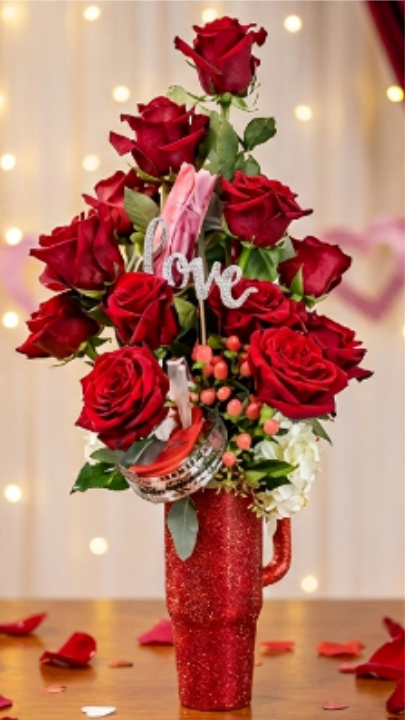 Tumbler of Love - Evil Eyes Stars 40 Oz Double Walled Stainless Steel Tumbler W/ Handle Straws  Filled With Love and Dozen roses accented with spring florals