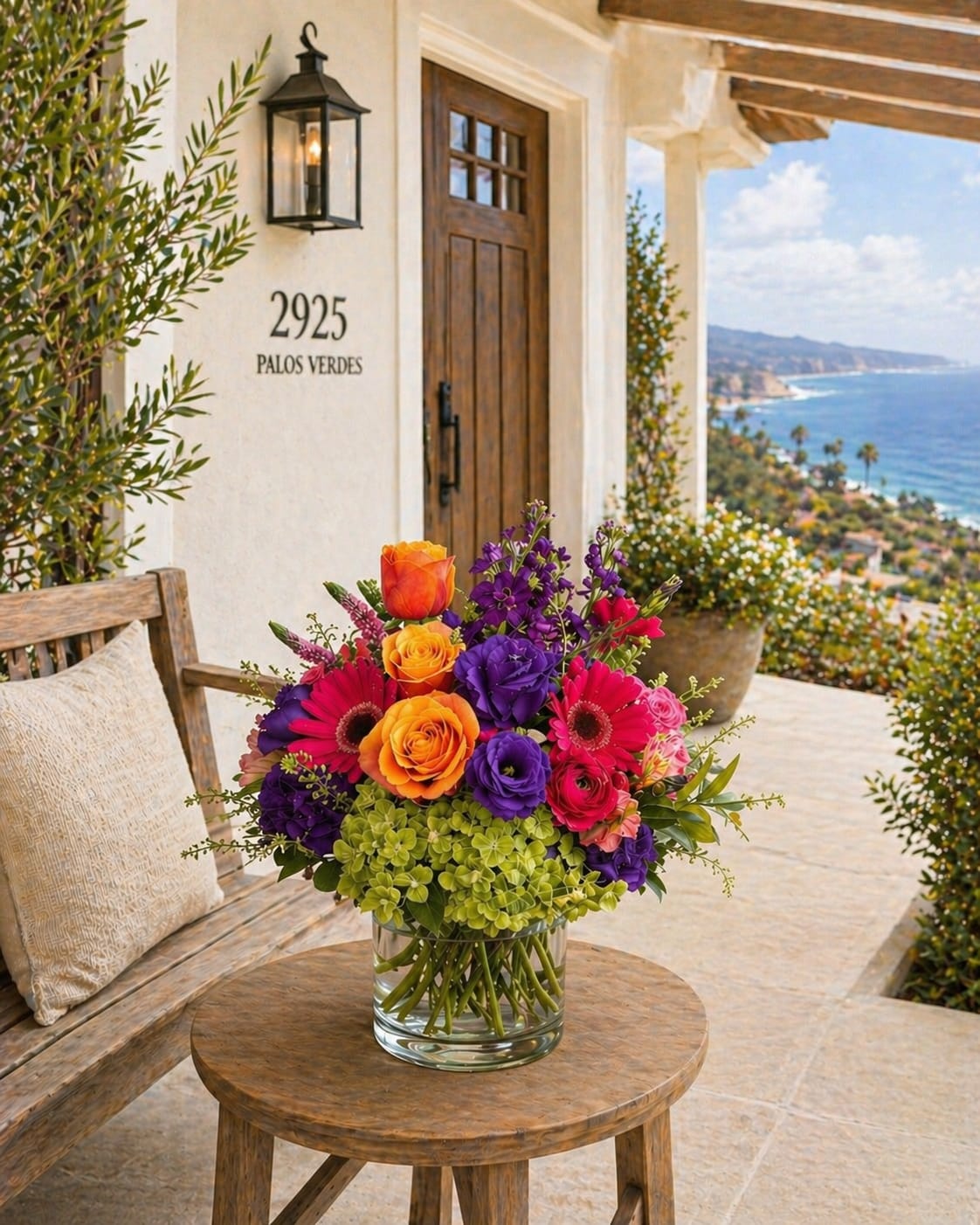 Vibrant Vibes - A beautiful and vibrant mix of Cherry Brandy roses, purple lisianthus, stock, alstromeria, hydrangea, and gerbera daisies.  
