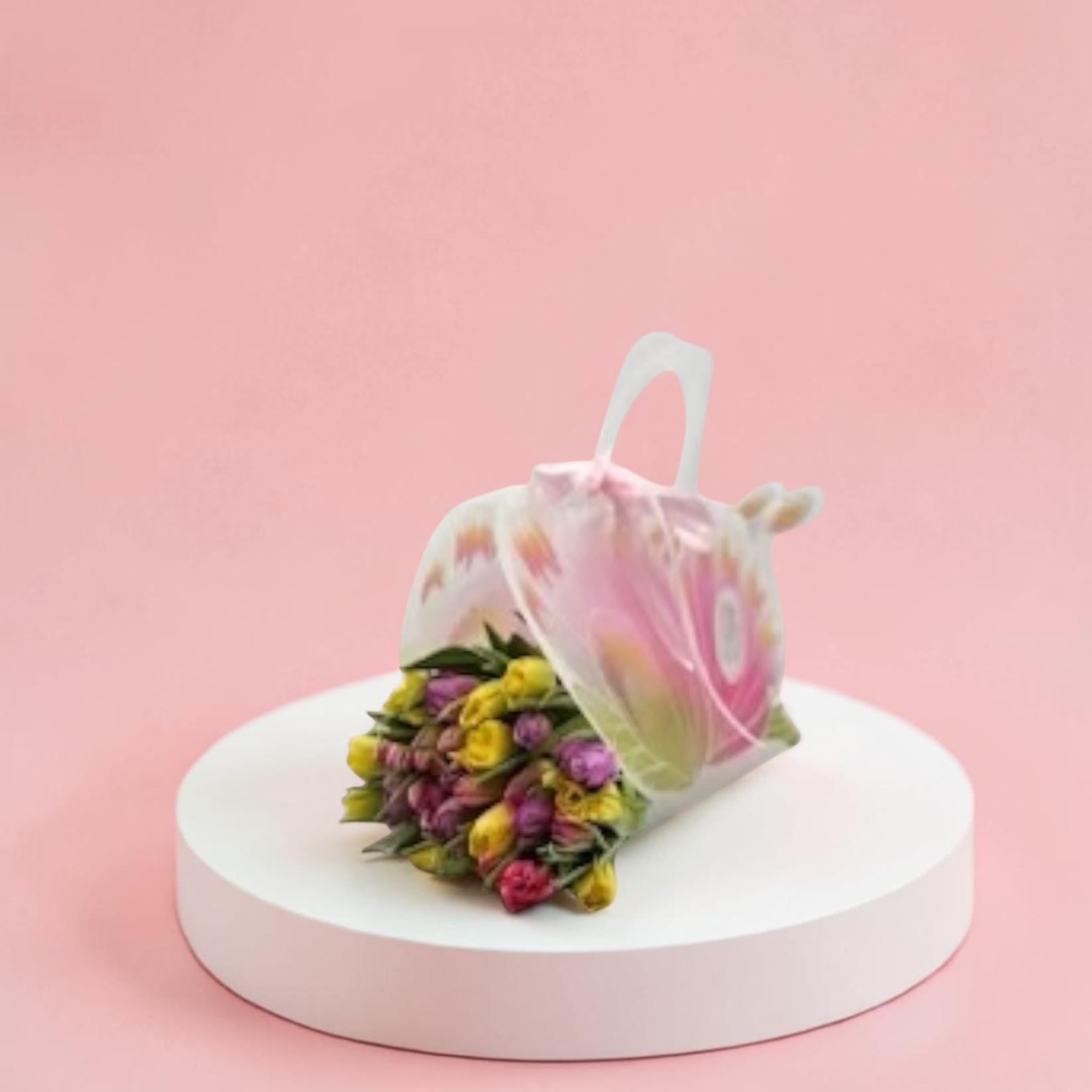 Bouquet of pink, yellow, and purple tulips in a sheer tote bag