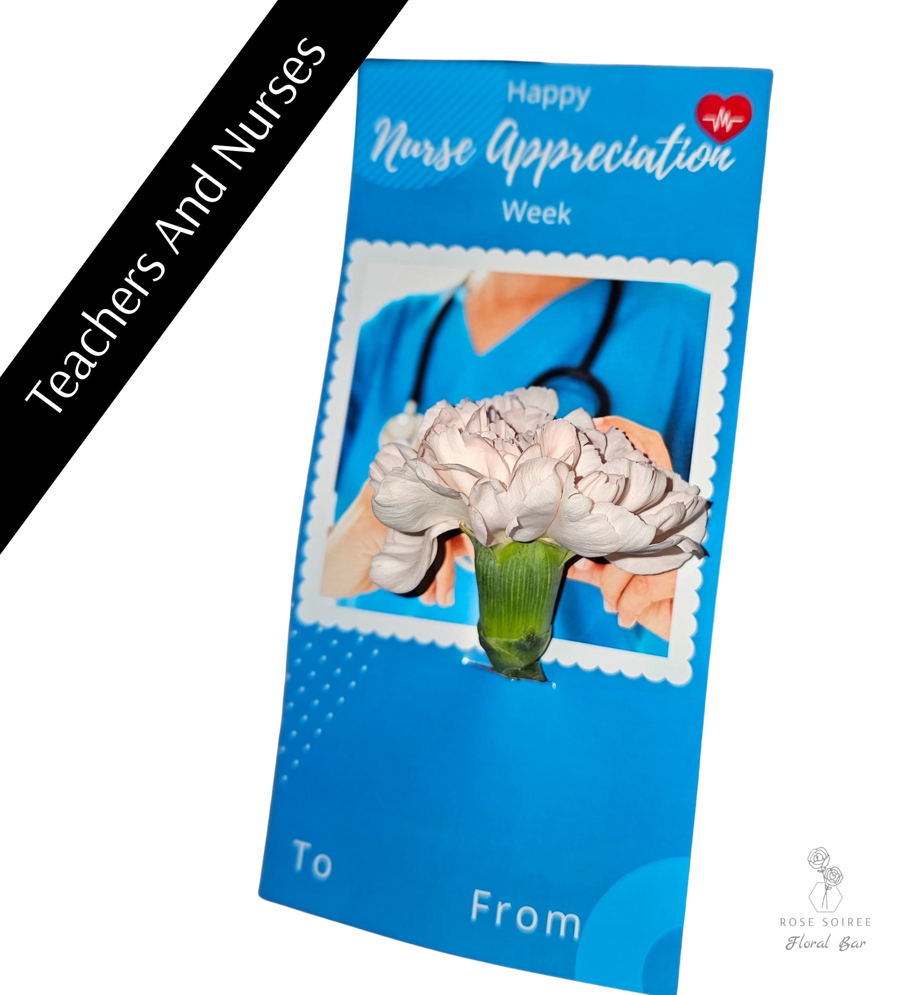 Carnation Cards - A personalized 4x8 card with a carnation in a water tube. Great for bulk gifting for teachers, or nurses, or employee appreciation!