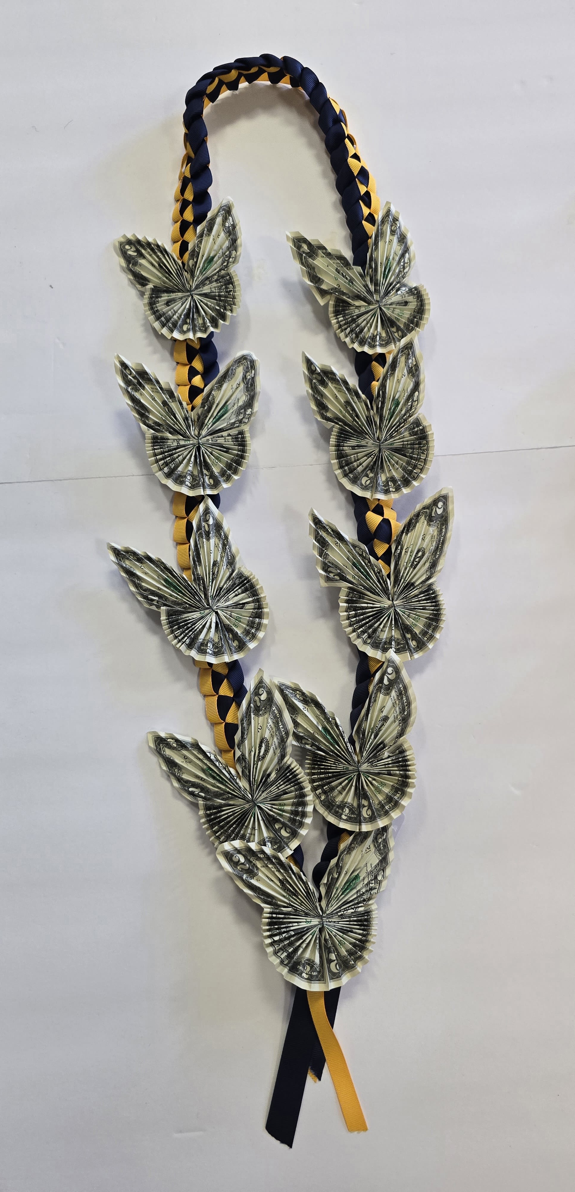 Money Lei Butterfly #20 - ($18 dollars ) BLUE &amp; YELLOW MONEY LEI. THESE ARE REAL MONEY ON THE LEI, THERE IS NO RETURN  AND NO REFUND. ALL SALES ARE FINAL ON THESE LEI. WE HAVE MANY COLORS AVAILABLE, PLEASE CALL FOR MORE INFORMATIONS