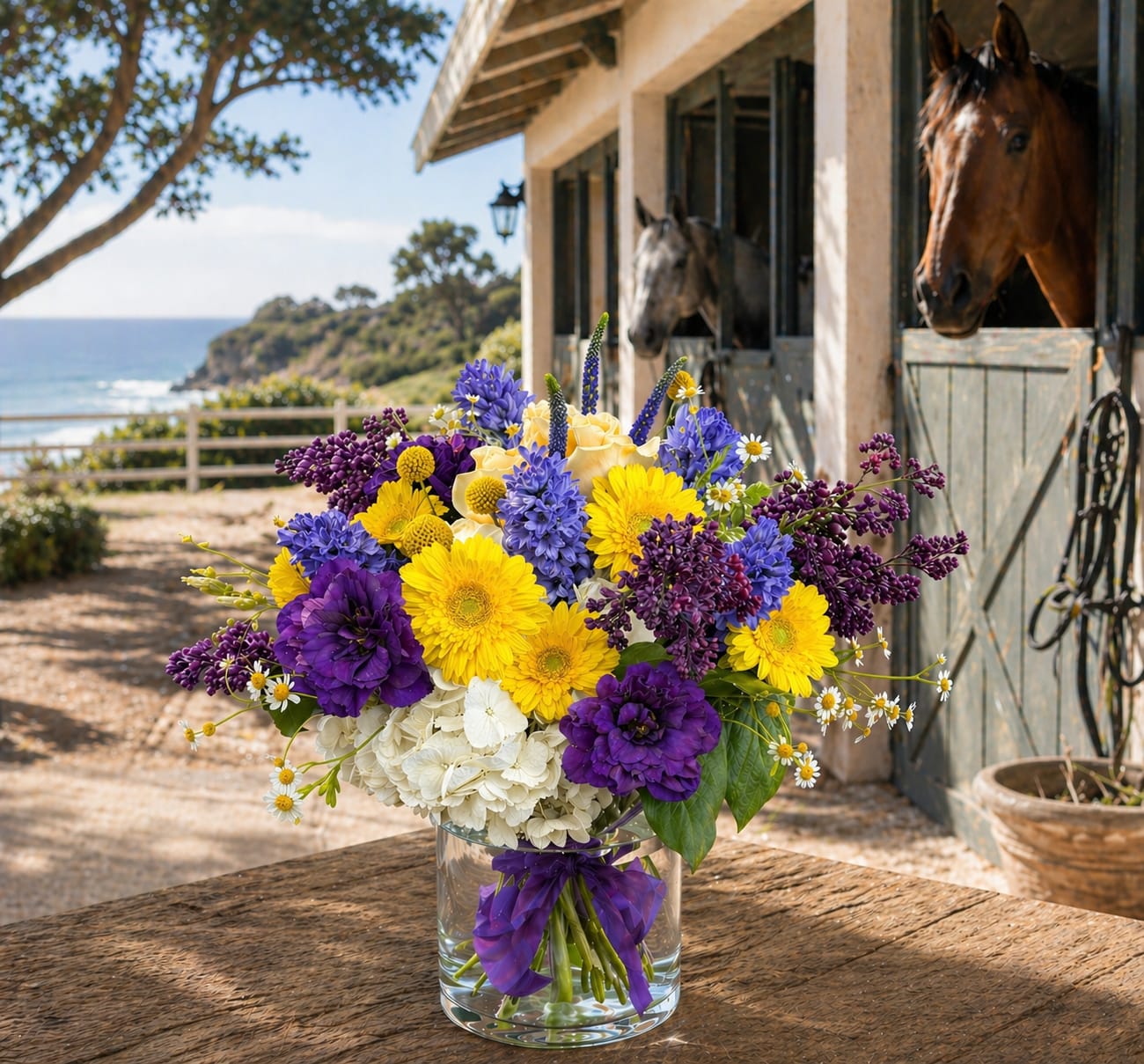 The Pony Club Bouquet - The Pony Club Bouquet is bright, playful, and effortlessly elegant—giving sunny Palos Verdes mornings at the stables with ocean air in the background. Designed in a classic 6x6 glass cylinder vase, this arrangement features lush white hydrangea, buttery Crème de la Crème roses, cheerful yellow gerbera daisies, fragrant hyacinth, romantic lilac, striking purple veronica, rich purple lisianthus, delicate chamomile, and whimsical billy balls. It feels fresh, polished, and a little luxurious—like brunch after horseback riding, but in flower form. Perfect for birthdays, celebrations, thank-yous, or anyone who deserves something beautiful and a little unexpected.