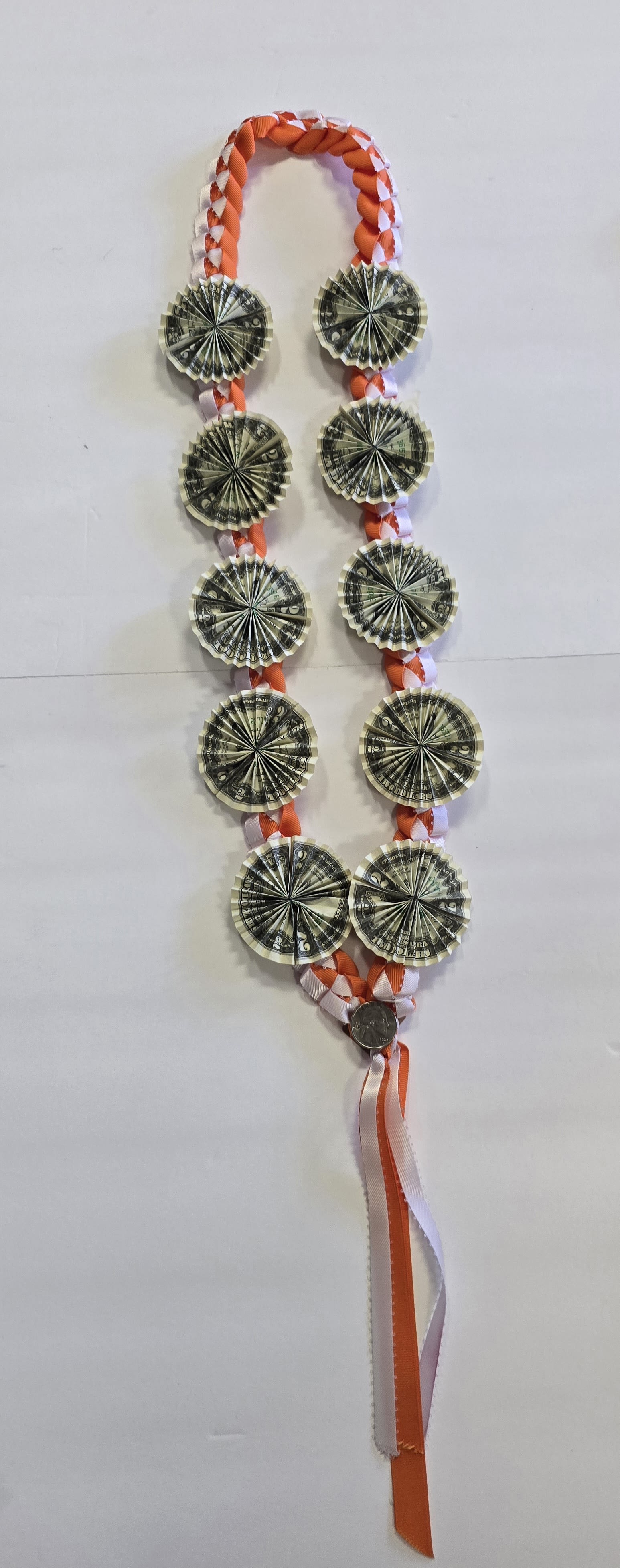 Orange &amp; White Money Lei # 22 - (10 -  $2 BILLS ) THESE ARE REAL MONEY ON THE LEI, THERE IS NO RETURN  AND NO REFUND. ALL SALES ARE FINAL ON THESE LEI. WE HAVE MANY COLORS AVAILABLE, PLEASE CALL FOR MORE INFORMATIONS