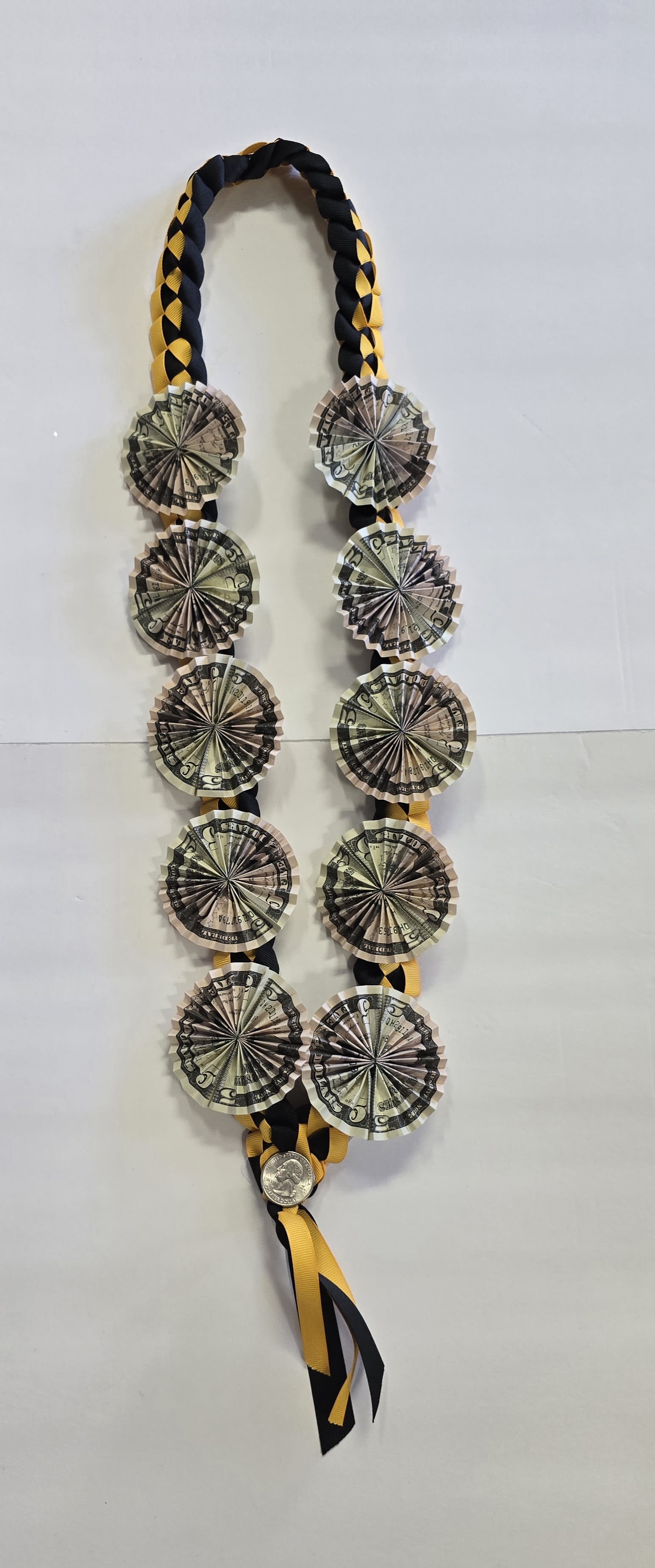 Blue &amp; Yellow Money Lei #23 - (10- $5 DOLLAR BILLS ) THESE ARE REAL MONEY ON THE LEI, THERE IS NO RETURN  AND NO REFUND. ALL SALES ARE FINAL ON THESE LEI. WE HAVE MANY COLORS AVAILABLE, PLEASE CALL FOR MORE INFORMATIONS