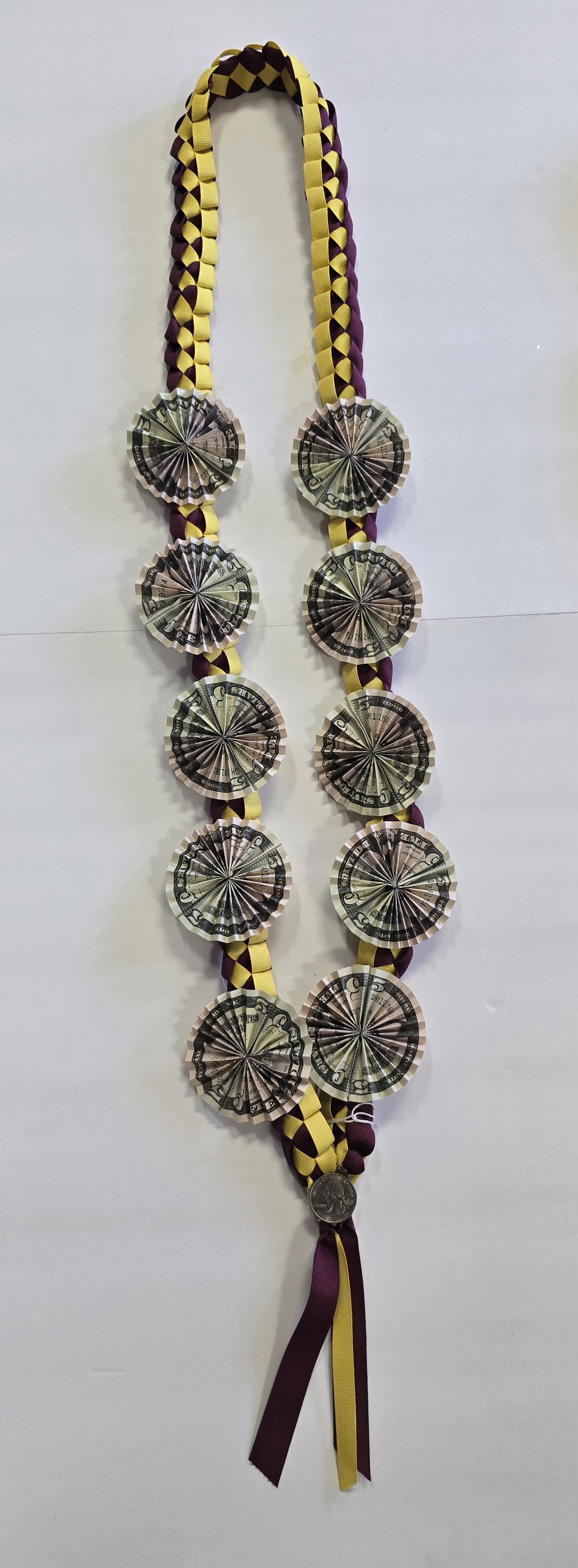 Burgundy &amp; Yellow Money Lei #23 - 10- $5 DOLLAR BILLS ) THESE ARE REAL MONEY ON THE LEI, THERE IS NO RETURN  AND NO REFUND. ALL SALES ARE FINAL ON THESE LEI. WE HAVE MANY COLORS AVAILABLE, PLEASE CALL FOR MORE INFORMATIONS