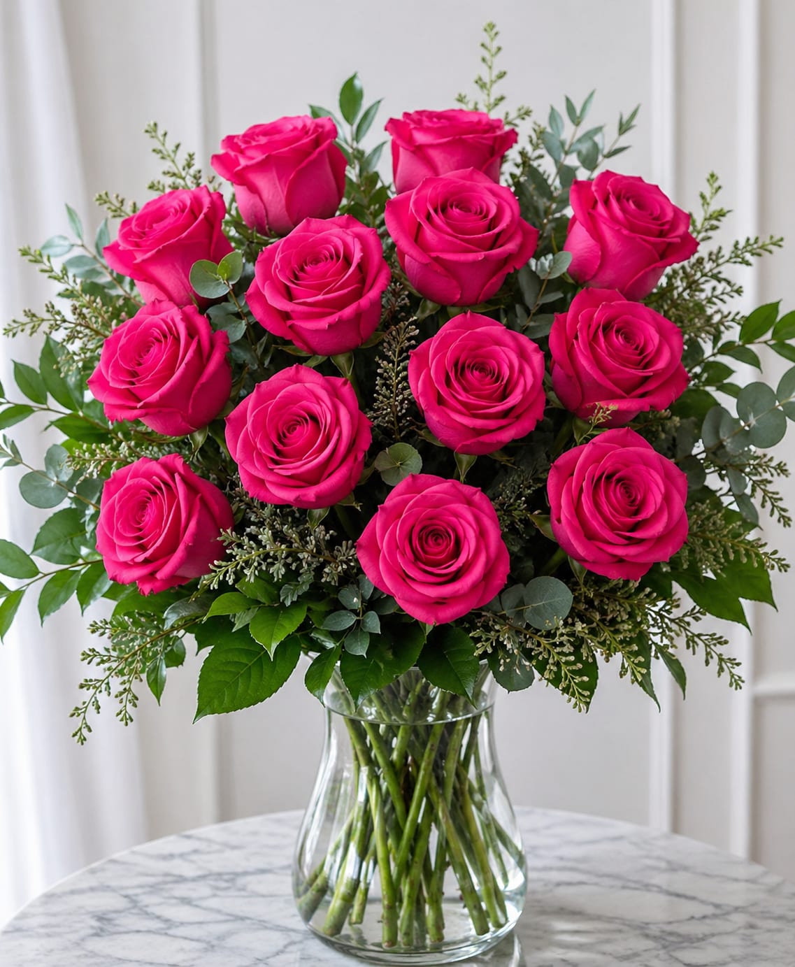 Hot Pink Rose Bouquet - Hot love pink roses 12/18/24 in a vase, arranged with delicate greens to reflect the heat of your love.