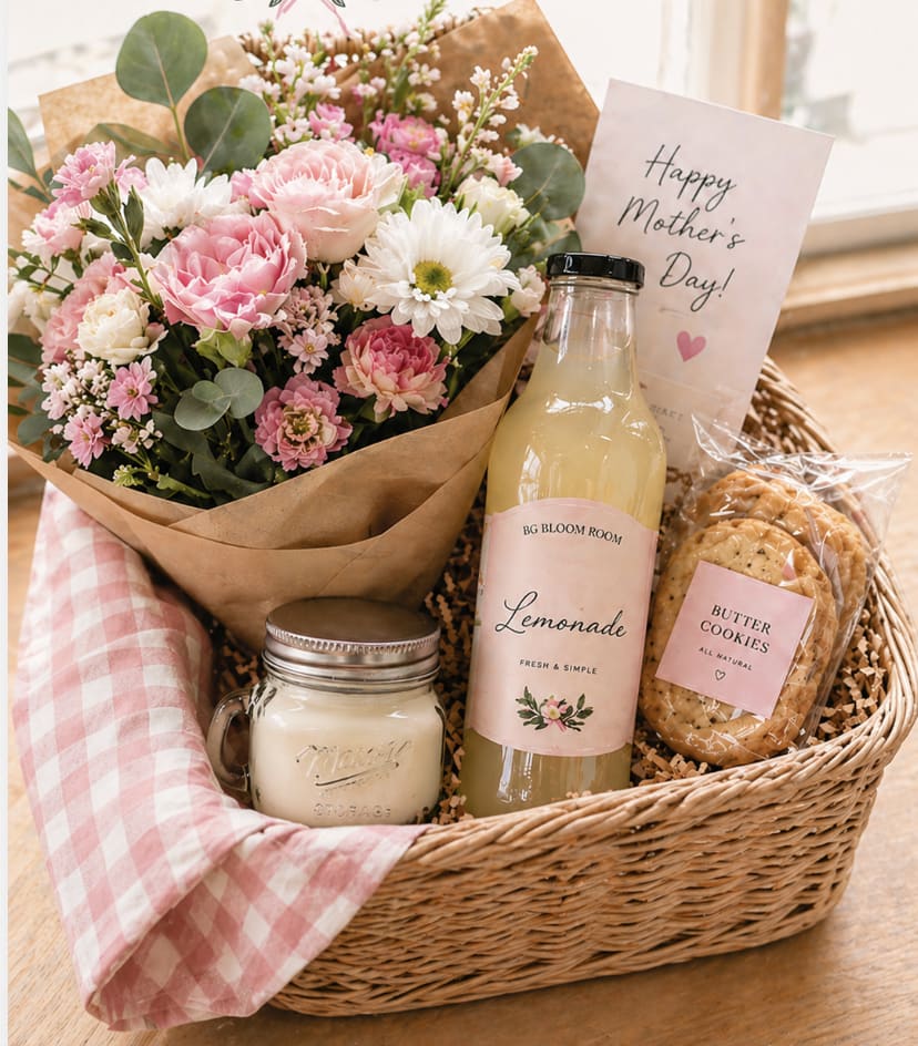 Perfect Picnic Bundle - The perfect little Mother’s Day moment, all wrapped up.  This bundle includes a fresh, florist choice hand-tied bouquet, a cozy candle, refreshing lemonade, and sweet treats — everything she needs for a slow, beautiful afternoon.  Thoughtful, charming, and made to feel special 