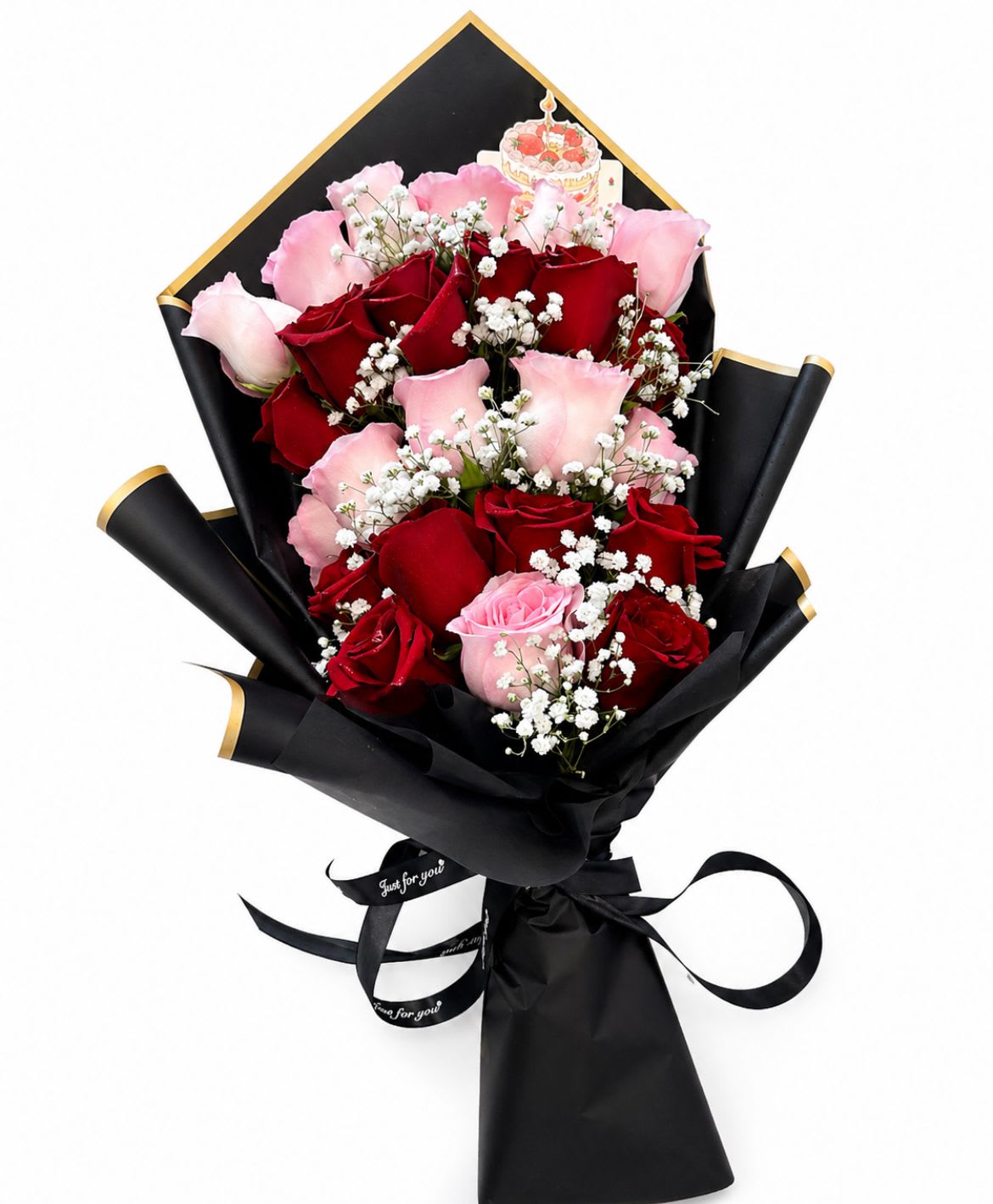 Classic Red &amp; Pink Rose Bouquet - Deep red and soft pink roses mingle with clouds of white baby's breath to create a layered, romantic flower arrangement perfect for an anniversary, Valentine's Day, or a heartfelt just-because gift. This rose bouquet reads as classic romance at first glance-the rich reds speak of deep affection while the blushing pinks add tenderness-so the person you're thinking of will feel loved and celebrated the moment they see it.  Wrapped in matte black paper with gold edging and tied with a black ribbon, the dramatic contrast gives this bouquet a polished, modern edge that elevates the blooms. A small decorative card topper is tucked near the top for a celebratory detail that doesn't distract from the flowers. The mix of roses and delicate white filler creates a full, textured silhouette that looks handsome in hand or on a table; order in your preferred size to match the occasion and include a personal message on the topper for an extra thoughtful touch.