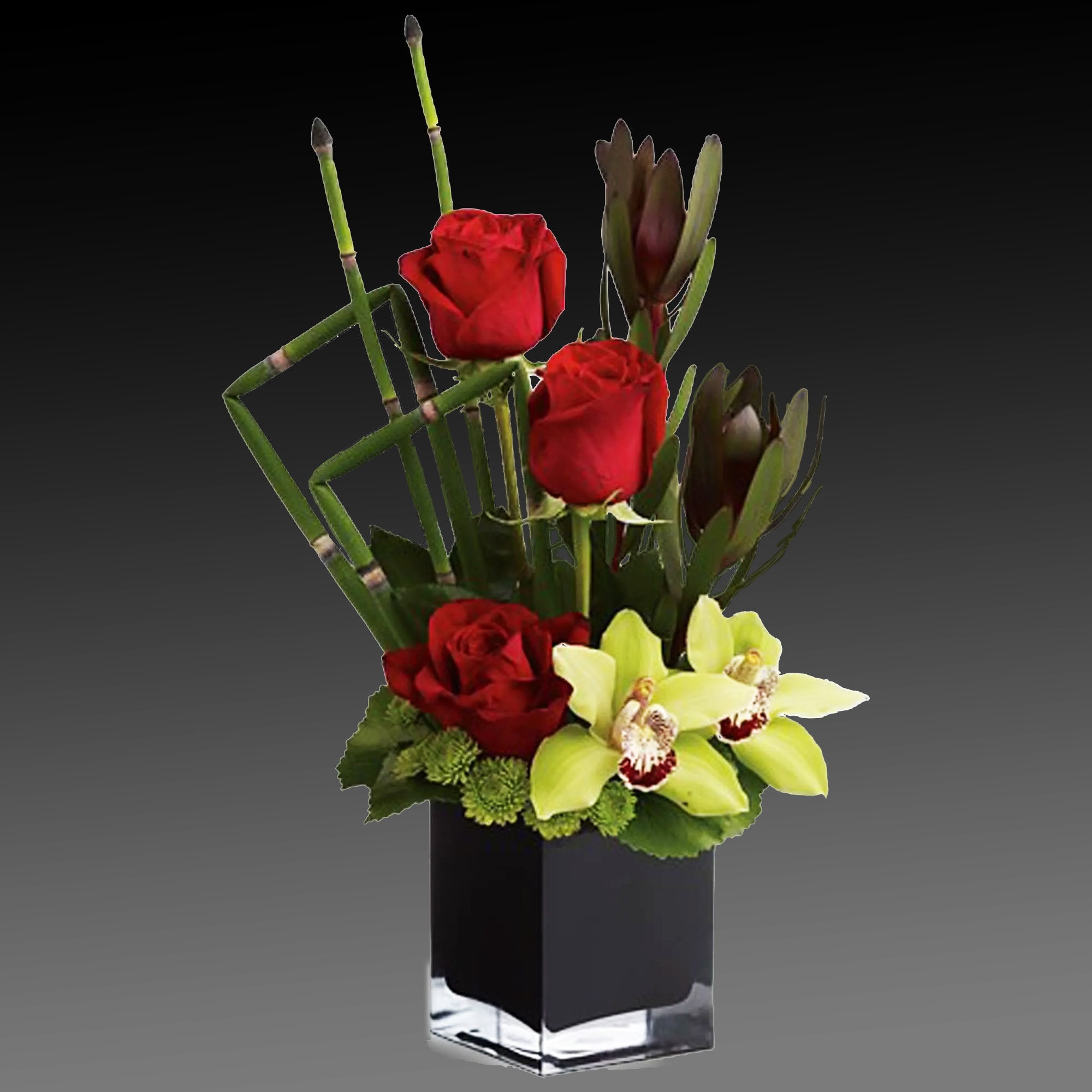 Red roses and pale green orchids in a black square vase