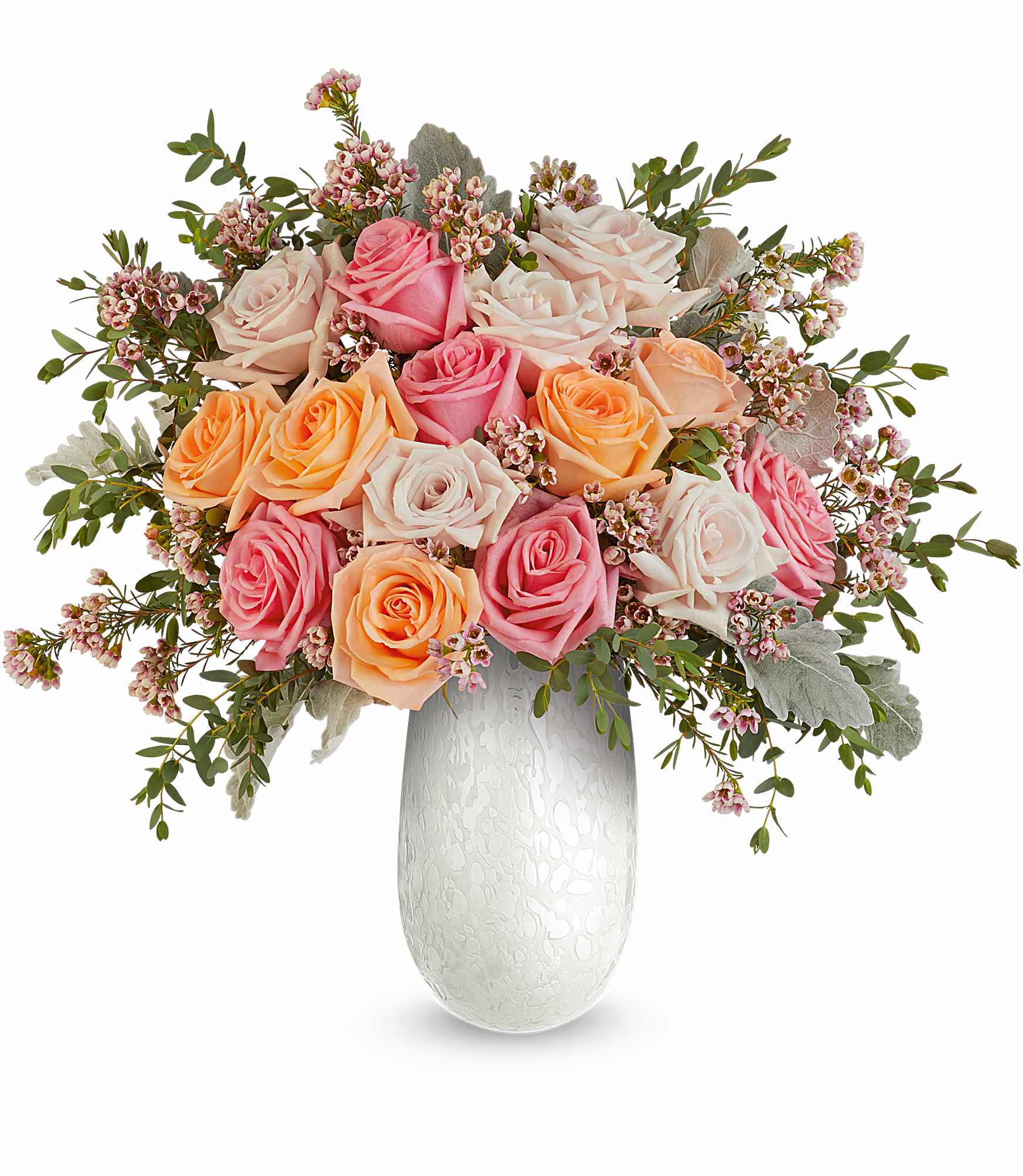 Opal Garden Bouquet - Delight Mom with our Opal Garden Bouquet, a lush mix of peach and pink roses beautifully arranged in Teleflora's Amelia Vase. This elegant art glass keepsake adds soft shimmer and a fresh, heartfelt Mother's Day touch.