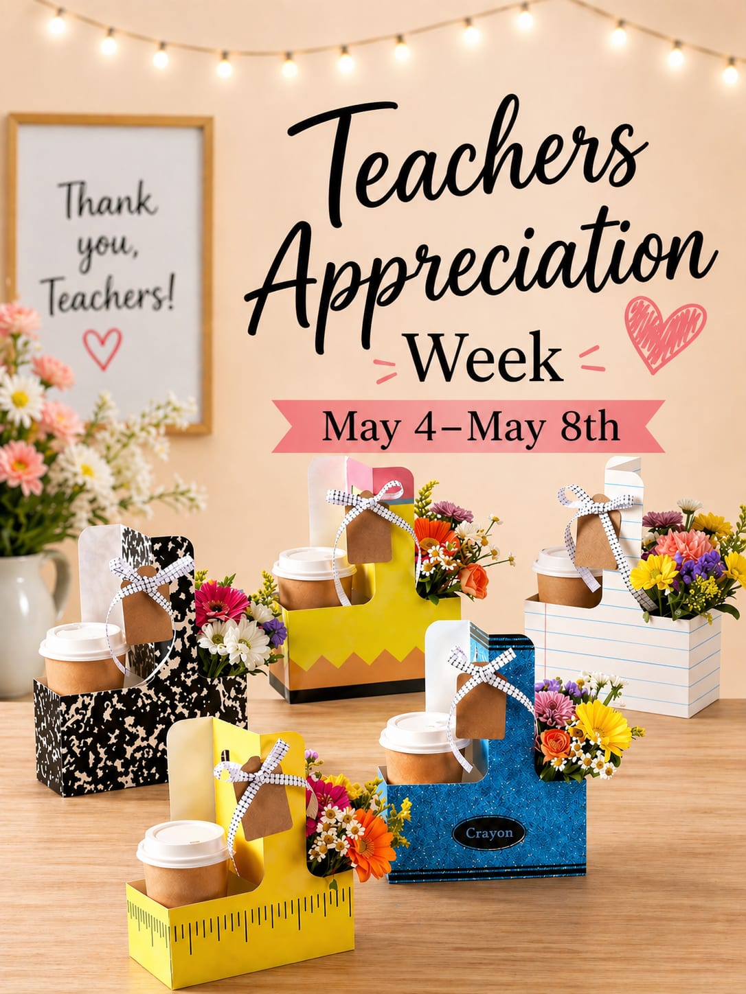 Teachers Blooms &amp; Drink by Café Bonita - 160z Cold Coffee or Hot Cofee  Latte-  Mazapan Abuelita Brown Sugar shaken espresso Bonita Blondy-cold only Or call the store for more flavors.    This delightful Teacher Appreciation arrangement pairs a vibrant mini bouquet of fresh flowers with a cozy Café Bonita drink—beautifully nestled in a charming, teacher-themed carrier. Whether you're thanking your child’s teacher, a mentor, or anyone in the education world, this gift is a heartwarming way to show gratitude. We deliver directly, making it easy to brighten their day!   Teacher Appreciation gift, teacher thank you flowers, teacher coffee gift, teacher week delivery, Love in Bloom Dodge City, flowers and coffee delivery, teacher gift delivery, Café Bonita gifts, teacher appreciation bouquet, local teacher gifts delivered.