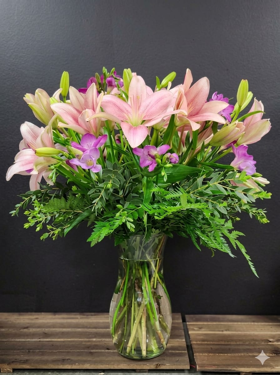 Luxe Lilies - The bouquet is a garden-style mix presented in a clear glass cinched vase, focusing on large blooms and airy textures is an elegant choice for Mother's Day, birthdays, or anniversaries, as it conveys a sense of gratitude and appreciation. ***COLORS OF FLOWERS MAY NEED TO BE SUBSTITUTED***
