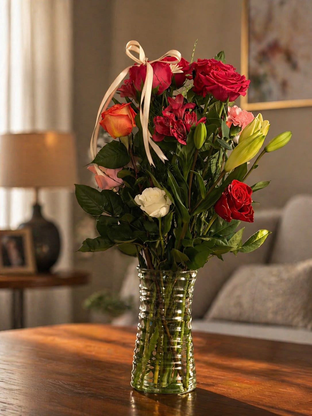 Romantic Garden Mix - A lush, tall display of red, pink, white, and yellow blooms that reads as timelessly romantic - this flower arrangement is perfect as an anniversary bouquet, birthday surprise, or a "thinking of you" gift. Roses take center stage to deliver a warm, heartfelt message, while upward-reaching lily buds and alstroemeria add graceful height and movement so the person you're sending it to feels truly celebrated.  Carefully layered with carnations and dense dark foliage for contrast, the mix includes red and pink roses, white accents, yellow lily buds, red alstroemeria, and pink carnations arranged in a clear ribbed glass vase. A pale satin ribbon tied near the top gives the arrangement a polished, gift-ready finish; the upright, full composition makes a strong visual impact on tabletops, mantels, or a dining centerpiece.  Ideal for everyday gifting as well as love-themed occasions, this arrangement reads as both intimate and celebratory - the kind of bouquet that brightens someone's day and marks a meaningful moment. The vase arrives ready to display; refresh the water every couple of days and recut stems if needed to keep blooms looking their best.