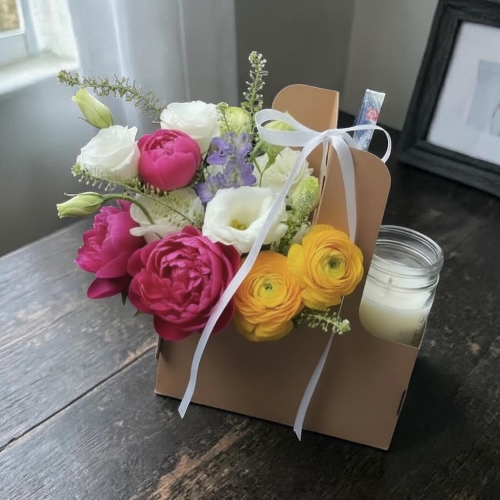 The “She Said Don’t Get Me Anything”  - For the mom who swears she doesn’t need a thing… but absolutely deserves something.  This sweet little bundle includes a fresh florist choice mini arrangement and a small cozy candle — the perfect “just because” gift that feels thoughtful without being over the top.  Sweet, simple, and guaranteed to make her smile 