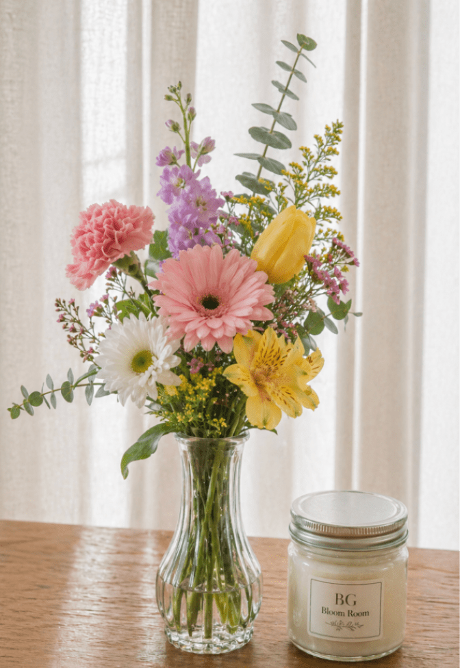 Mixed bouquet in a clear glass vase with pink, yellow, white, and purple flowers