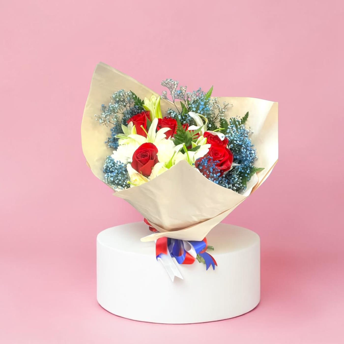 Feeling Patriotic Bouquet - Red, White, and Blue mixed flowers. Hand wrapped and ready for your vase! 