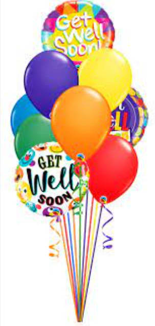 Colorful get well soon balloons with ribbon tails