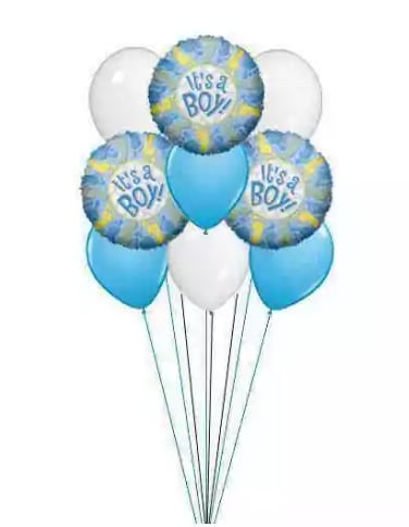 Cluster of blue and white balloons with "It's a Boy" printed on three balloons