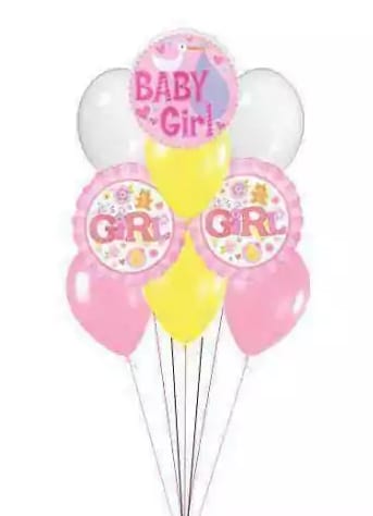 Pink and white baby girl balloons with one yellow balloon