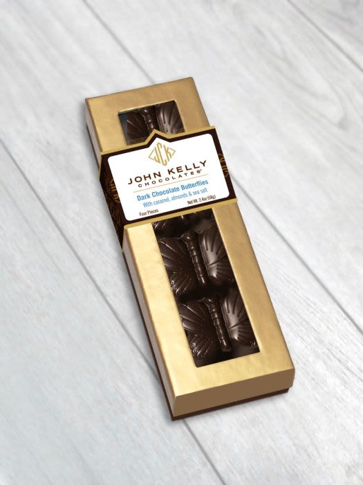 4 Pc John Kelly Dark Chocolate Butterflies - A delightful box of 4 hand-molded butterflies in dark chocolate, with an unbelievable filling of roasted crushed almonds, sea salt and buttery caramel. Certified Dairy Kosher and Gluten Free.