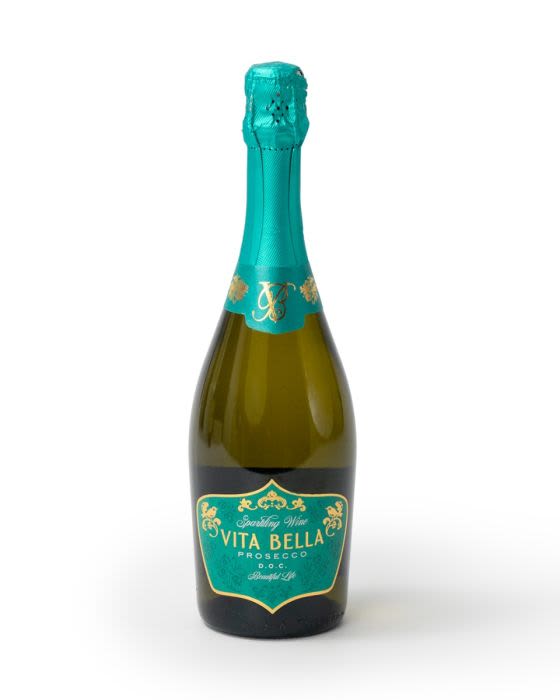 Bottle of Vita Bella Prosecco sparkling wine with teal foil and label on white background