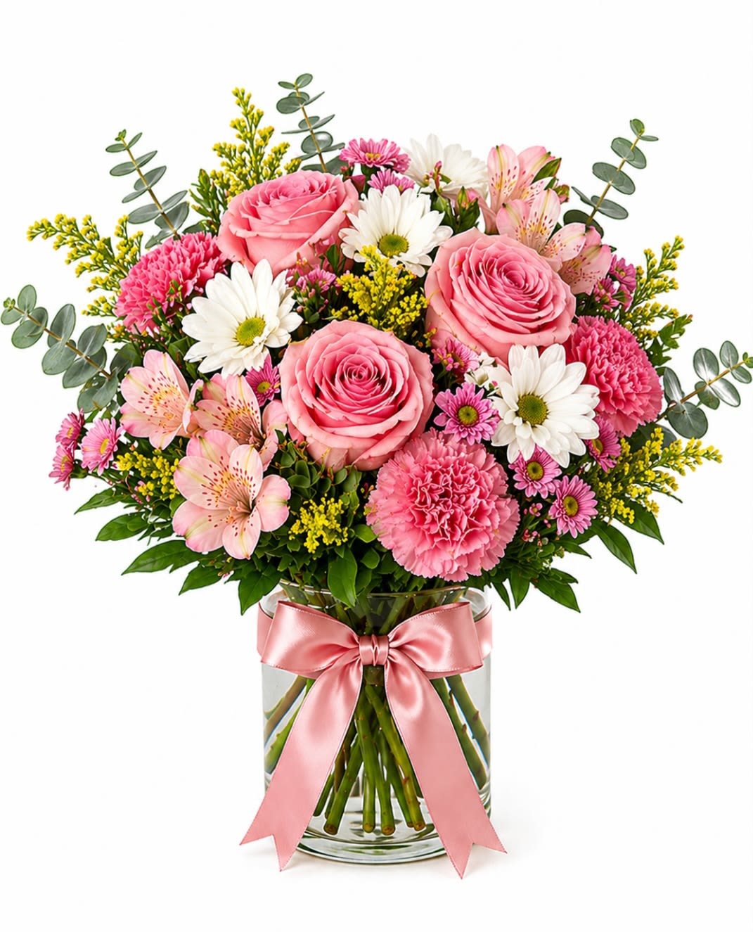 Blushing Garden Delight - A cheerful and elegant bouquet bursting with soft pink roses, fluffy carnations,delicate astromeria, white daisies,button mums, golden solidago and fresh Eucalyptus. Designed in a clear glass vase with a satin pink bow.  