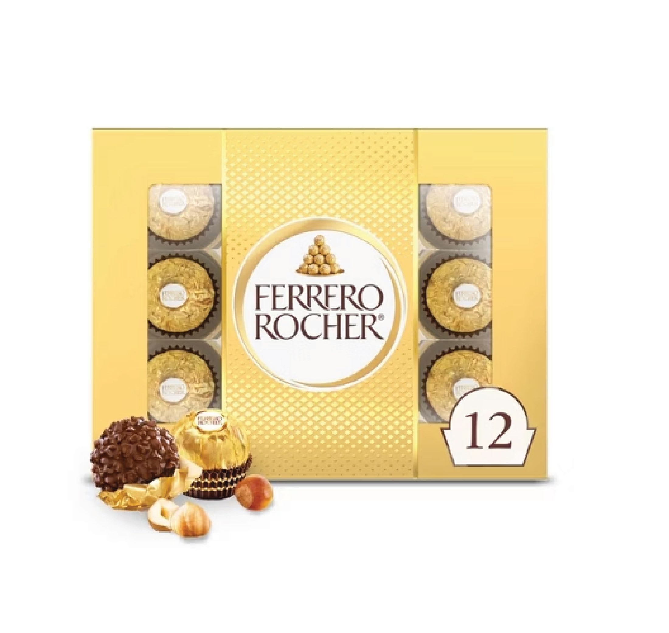 Ferrero Rocher chocolate gift box with 12 gold-wrapped candies