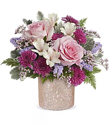 Teleflora's Blooming Brilliant Bouqt - Pink Roses, White Alstromerias, Lavender/Purple Cushion Mums, &amp; Lavender Statice