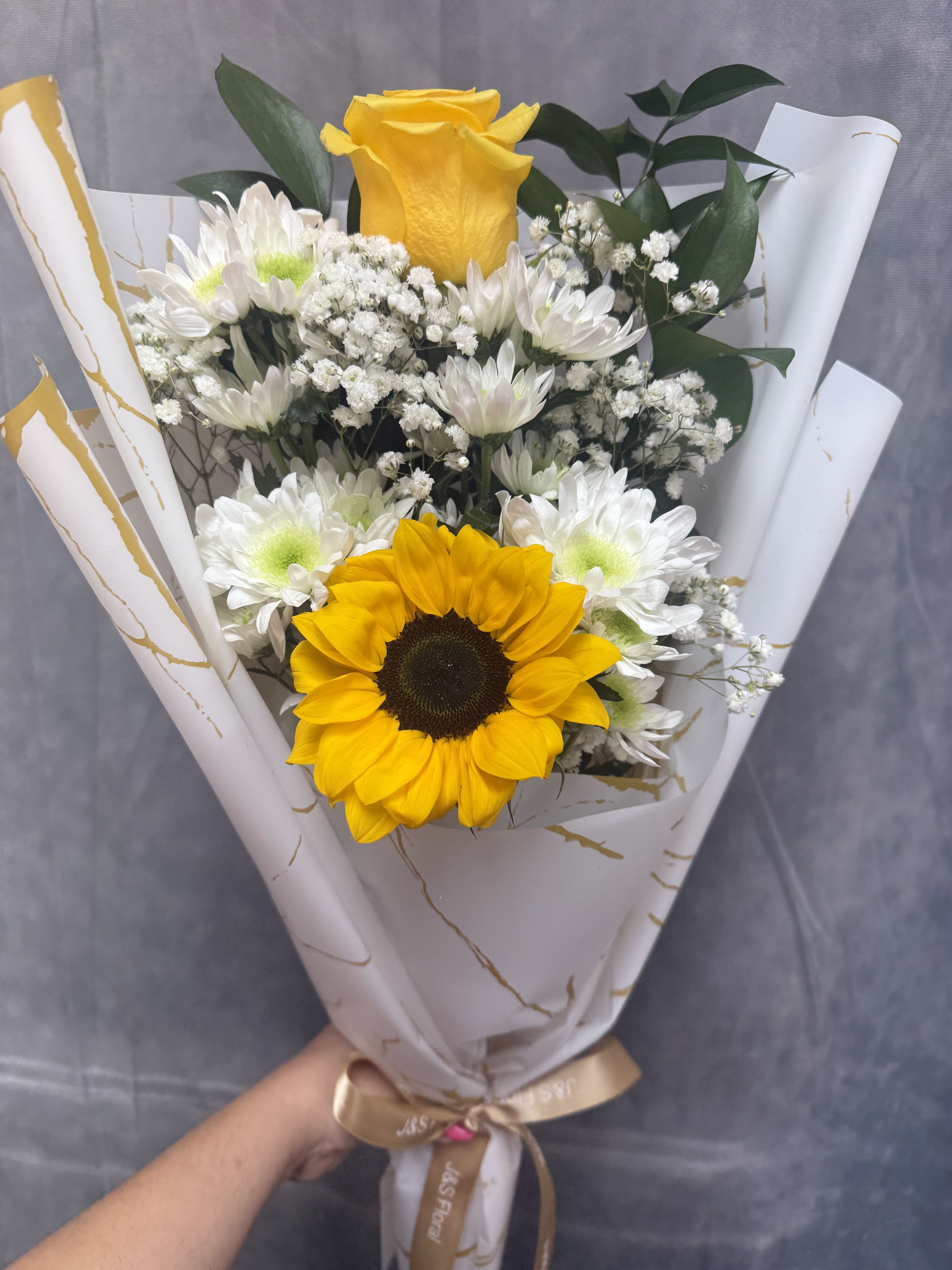 Sunflower Smile Bouquet  - A cheerful hand-tied bouquet of bright sunflowers and sweet white daisies — simple, sunny, and full of joy.