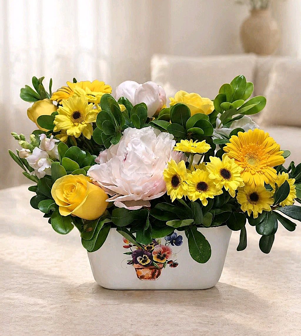 Peony Daisy Radiance  - Sunshine yellow blooms meet soft pink and white petals in this cheerful flower arrangement-perfect as a springtime bouquet or birthday gift to brighten someone's day. The low, rounded composition reads fresh and welcoming, making it an ideal everyday surprise or a casual way to say "I'm thinking of you" for a friend or loved one.  Creamy roses and daisy-like gerbera and daisies are clustered with glossy green foliage for a full, garden-style look. Arranged in a metal garden container adorned with a small floral illustration, the piece feels homey and effortlessly charming. Its compact, low profile makes it great for tabletops, mantels, or as a centerpiece that won't block conversation.  Give this to someone who loves sunny palettes and soft romance-she'll feel genuinely celebrated and noticed. The arrangement arrives ready to display in its ceramic vessel; keep blooms in fresh water, out of direct afternoon sun, and enjoy the bright colors for days to come.