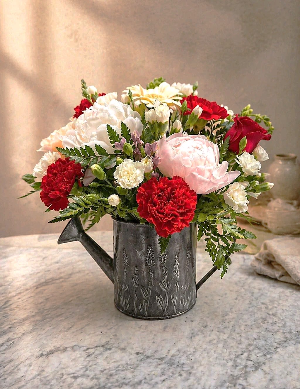 Summer Blooming Watering Can - Soft pink peonies and crimson roses nestle together in a decorative metal watering can for a garden-fresh take on an everyday bouquet - perfect as a birthday bouquet, anniversary arrangement, Mother's Day gift, or a thoughtful thinking-of-you surprise. The mix of red, white, and blush blooms reads romantic yet cheerful, so the person you're sending it to will feel both celebrated and comforted by the lush, homey presentation.  This compact, rounded arrangement pairs large soft pink peonies with red carnations and a single red rose (accented by white daisy-like flowers and green foliage) to create layered texture and abundant volume. The metal watering can adds rustic charm and makes the display ready to set on a table, kitchen counter, or porch; the composition emphasizes full, ruffled petals and delicate buds for a soft, fragrant bouquet that brightens a room.  Designed to feel like a personal garden-picked gift, it suits recipients who appreciate romantic florals with a casual, country twist - moms, partners, friends, or anyone needing a warm pick-me-up. The watering can doubles as a keepsake container; arrange in a cool spot out of direct sunlight and refresh the water every 2-3 days to keep blooms looking their best.