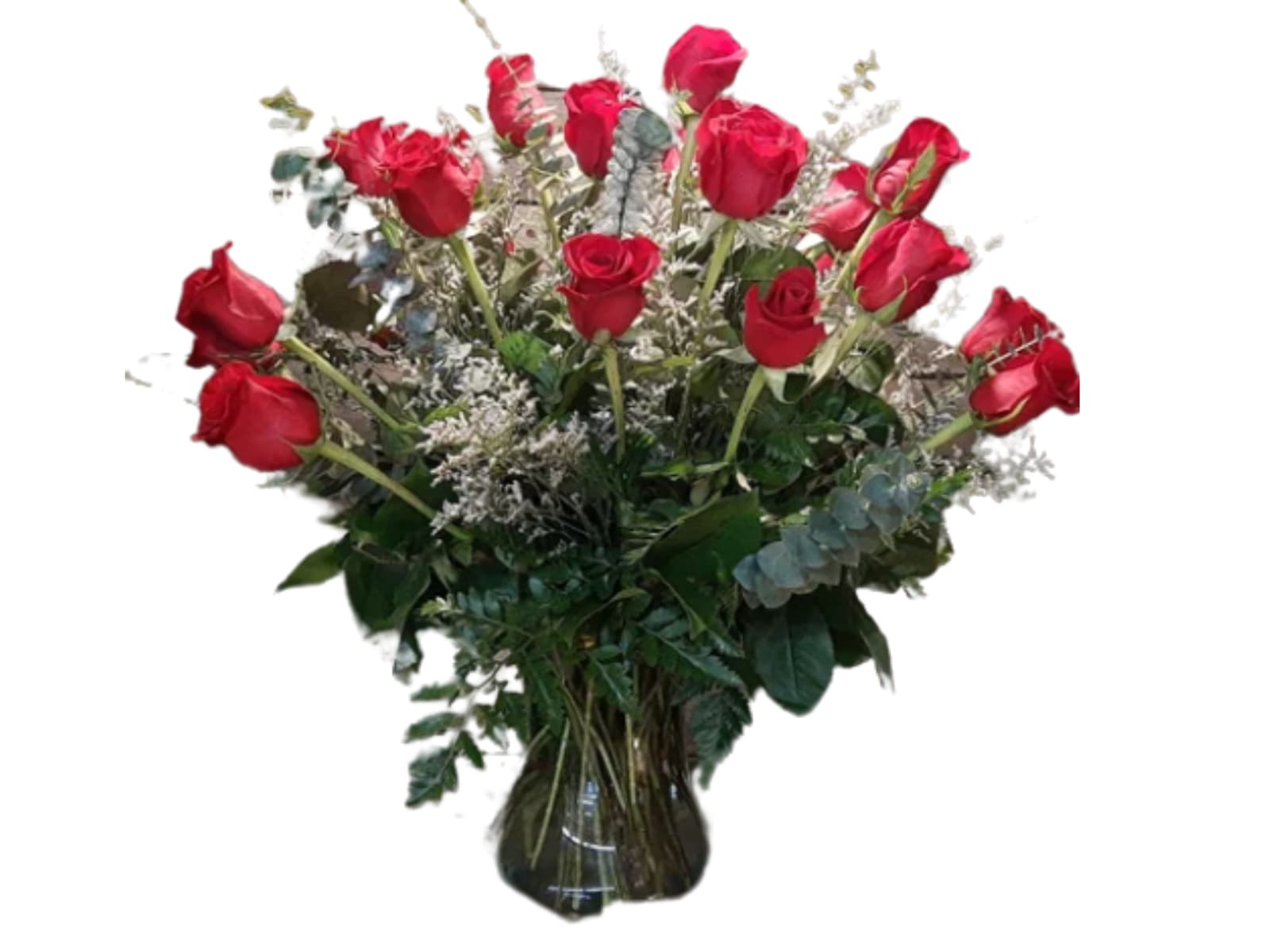 Bouquet of red roses in a glass vase