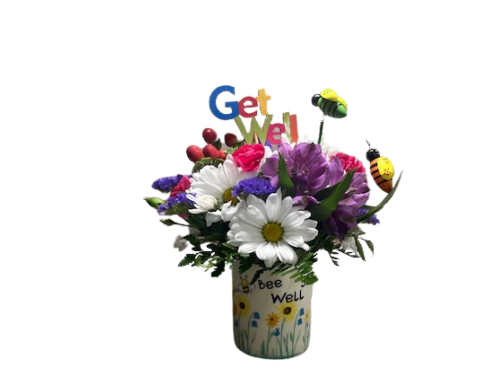 Mixed bouquet in a painted vase with a "Get Well" topper and bee decorations