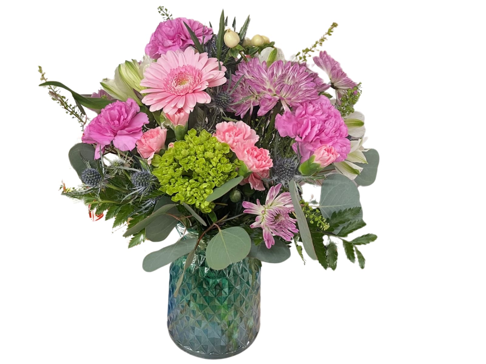 Pink and purple mixed bouquet in a blue glass vase