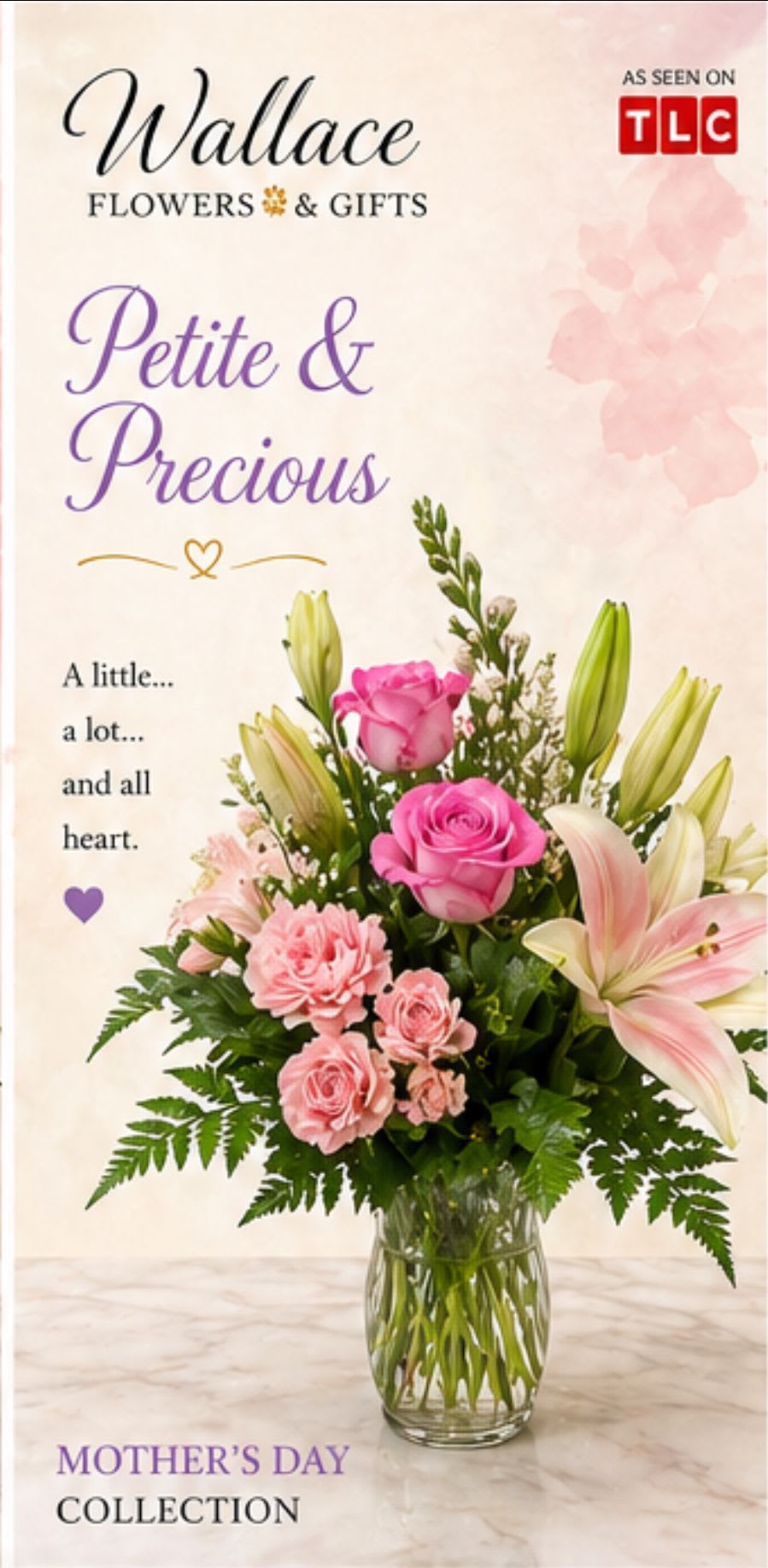 Petite and Precious - Soft pink roses and pale pink carnations mingle with white-and-blush lilies in a delicate, feminine flower arrangement perfect for Mother's Day or to celebrate a special woman in your life. This petite bouquet presents an upright, rounded silhouette that feels thoughtful and celebratory-the kind of floral gift that makes her feel truly seen and appreciated.  Arranged in a clear glass vase, the soft pastels of pink, white, green, and a hint of purple sit against dense green foliage for a lush, full look. The mix of rose petals, ruffled carnation texture, and the elegant lily blooms creates both visual softness and gentle fragrance. Compact but generous in presence, this arrangement arrives ready to display and brighten a bedside table, kitchen counter, or office desk-an easy, heartfelt way to say "thank you," "happy Mother's Day," or "I'm thinking of you."