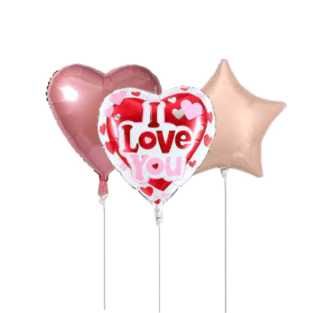 Three heart and star-shaped balloons, including one that says I Love You.