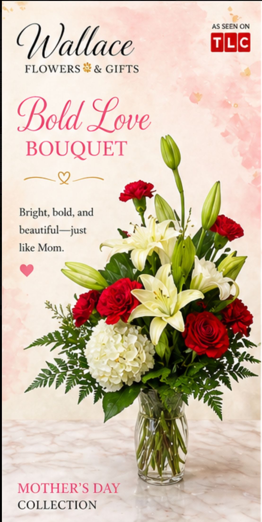 BOLD LOVE Boquet - A vibrant mix of red roses and carnations meets the soft elegance of white lilies and hydrangea in this flower arrangement-perfect as a Mother's Day bouquet or a love-themed gift that says "you are cherished." The bold red-and-white palette reads romantic and celebratory, ensuring the person you're thinking of feels seen and adored the moment they walk into the room.  The arrangement is presented in a clear glass vase with long stems visible for a classic, upright silhouette that suits both traditional and modern tastes. Rich red roses and textured carnations provide depth, while white lilies and a rounded cluster of white hydrangea add fresh contrast and scent. Accents of green foliage lift the composition and keep the look polished and garden-fresh.  This bouquet works beautifully for anniversaries, Mother's Day, or as an impressive gesture to say "I love you" or "thank you." Vase-ready and arranged for lasting impact, it arrives ready to display-trim water and refresh as needed to keep blooms at their best.