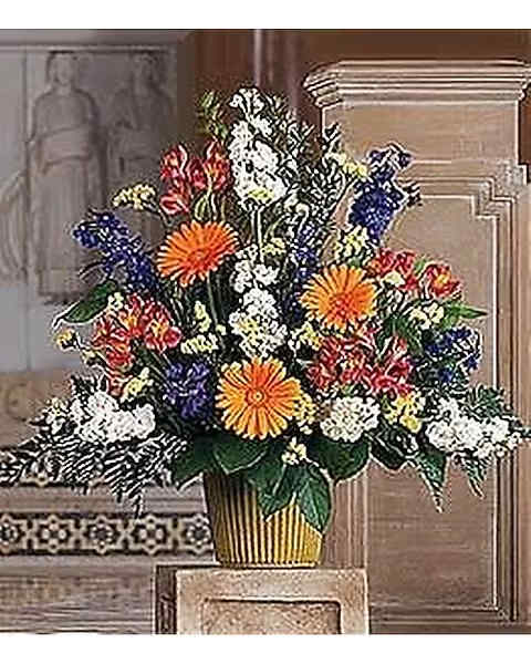 Fan Shape in Bright Colors - Send this bright arrangement with its vivid, cheerful colors and your sentimental message will be heard. One bouquet contains the vibrant tones of cream stock, yellow statice, orange gerberas and alstroemeria, and blue delphinium in a green container. 