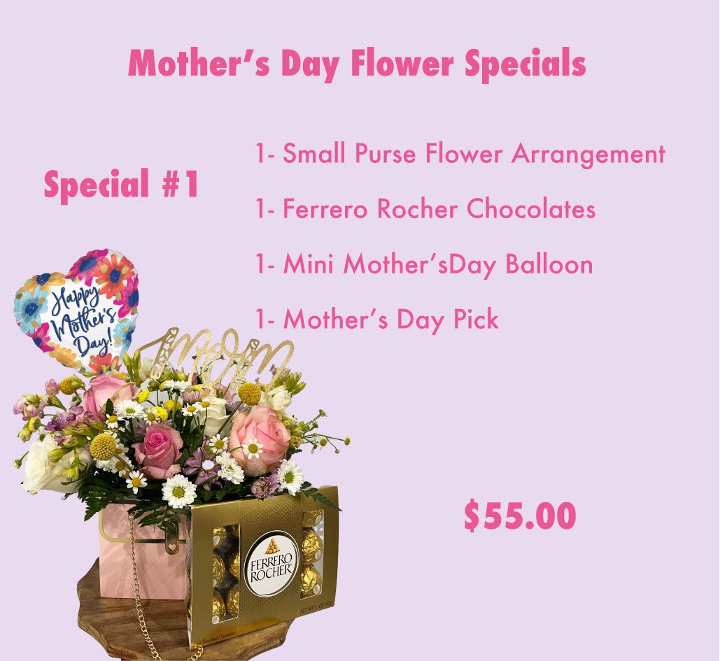 Mother's Day flower arrangement with chocolates and a heart balloon