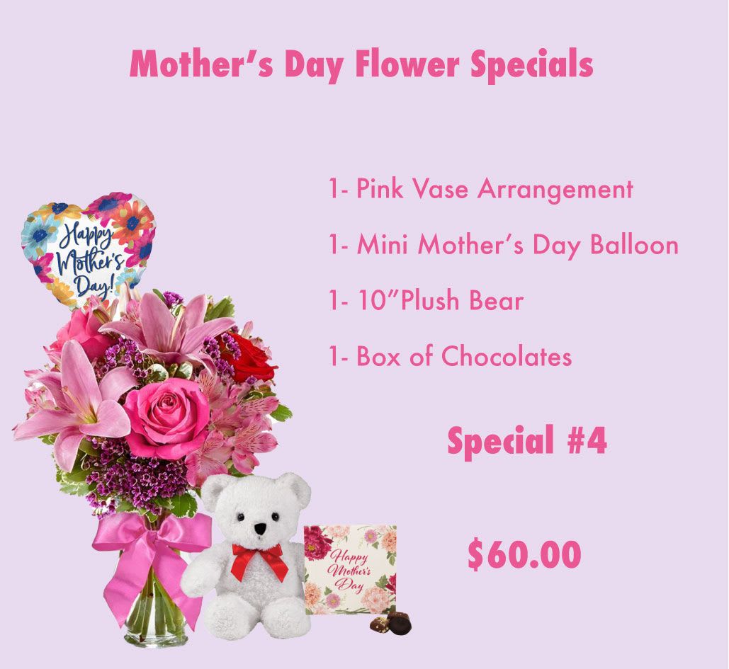Pink flower bouquet in a glass vase with a balloon, teddy bear, and chocolates