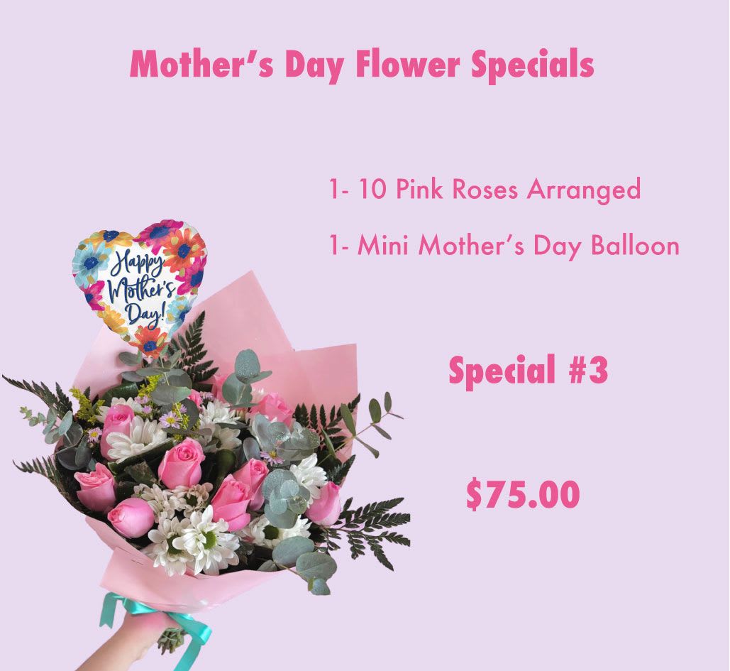 Pink rose bouquet with white flowers and a Mother’s Day balloon